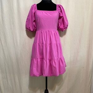 Sim and Sam Puff Sleeve Tiered Dress Bubble Hem– Pink, Square Neck, Size Medium